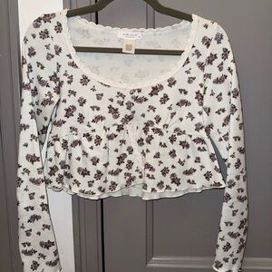 White Floral Long Sleeve Blouse 100% Cotton